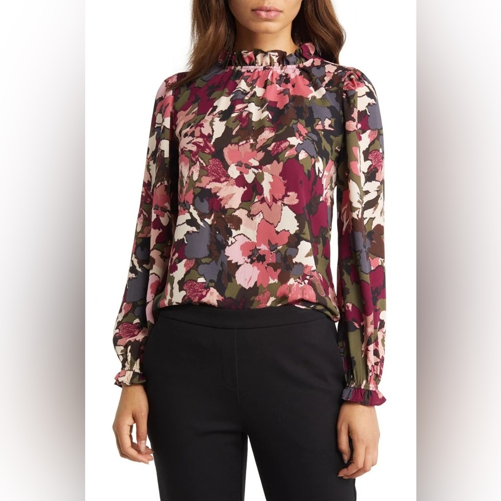 ANNE KLEIN WOMEN'S FLORAL RUFFLE NECK BLOUSE SIZE L